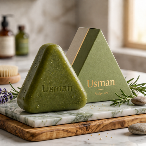 Usman green triangular scalp cleansing bar with matching Usman Scalp Care packaging