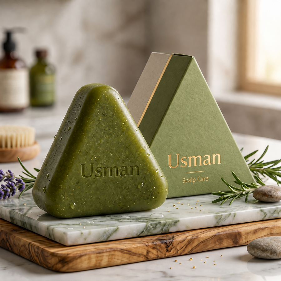 Usman green triangular scalp cleansing bar with matching Usman Scalp Care packaging